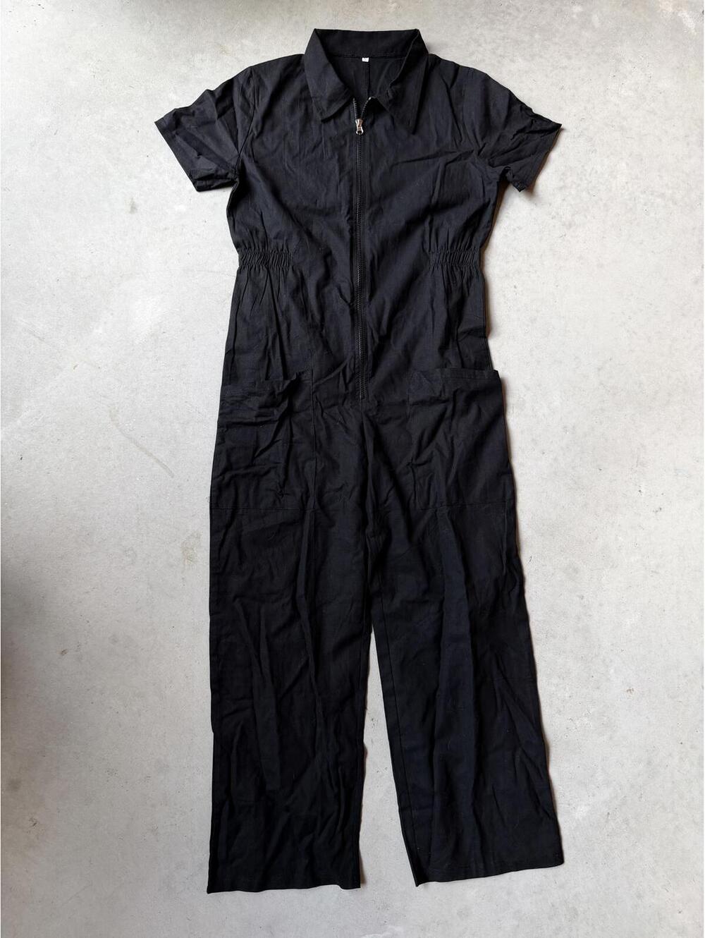 Women's Black Jumpsuit Short Sleeve Zip-Front One-Piece